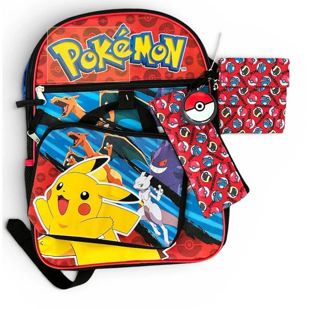 Pokemon 5 Piece Backpack Set Pikachu Charizard Mewtwo Gengar Red Blue Kid School